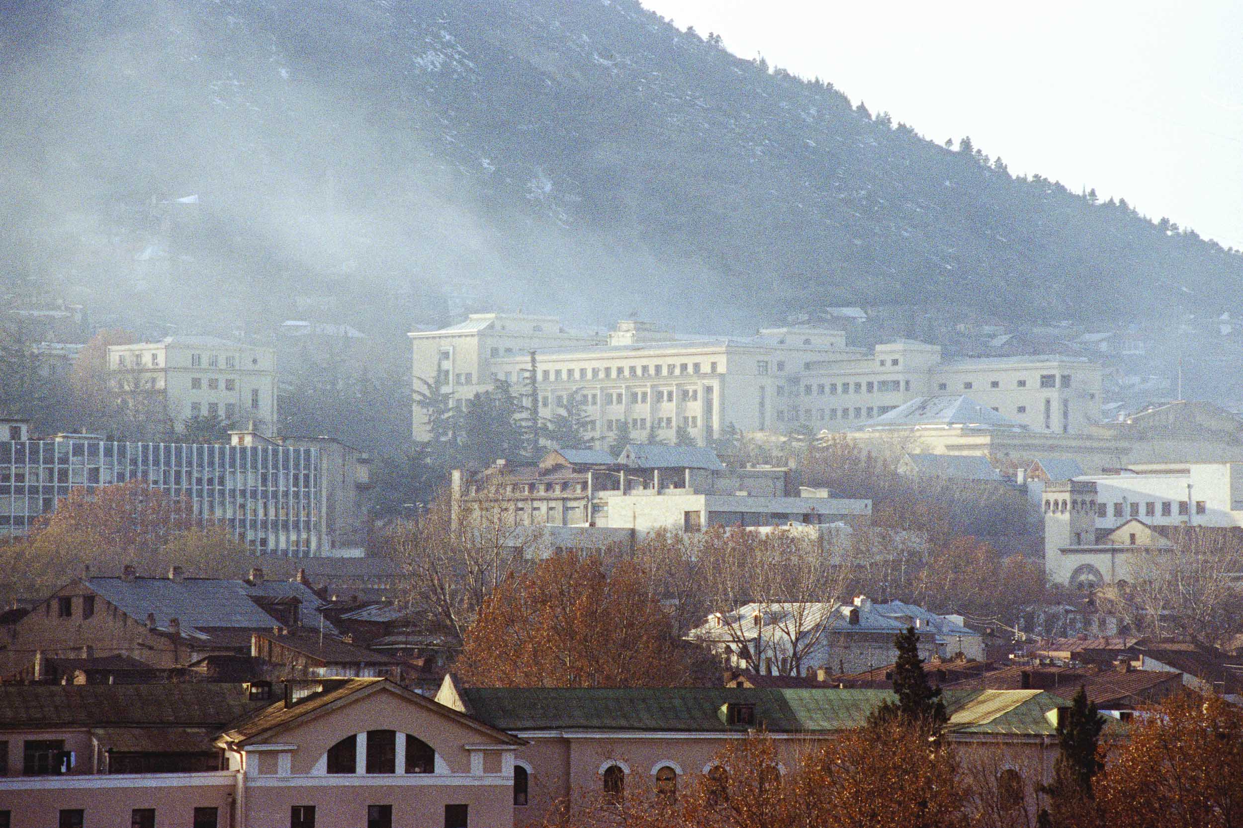 Smoke rises from the Parliament Building, Tbilisi, Georgia, Jan 6th 1992