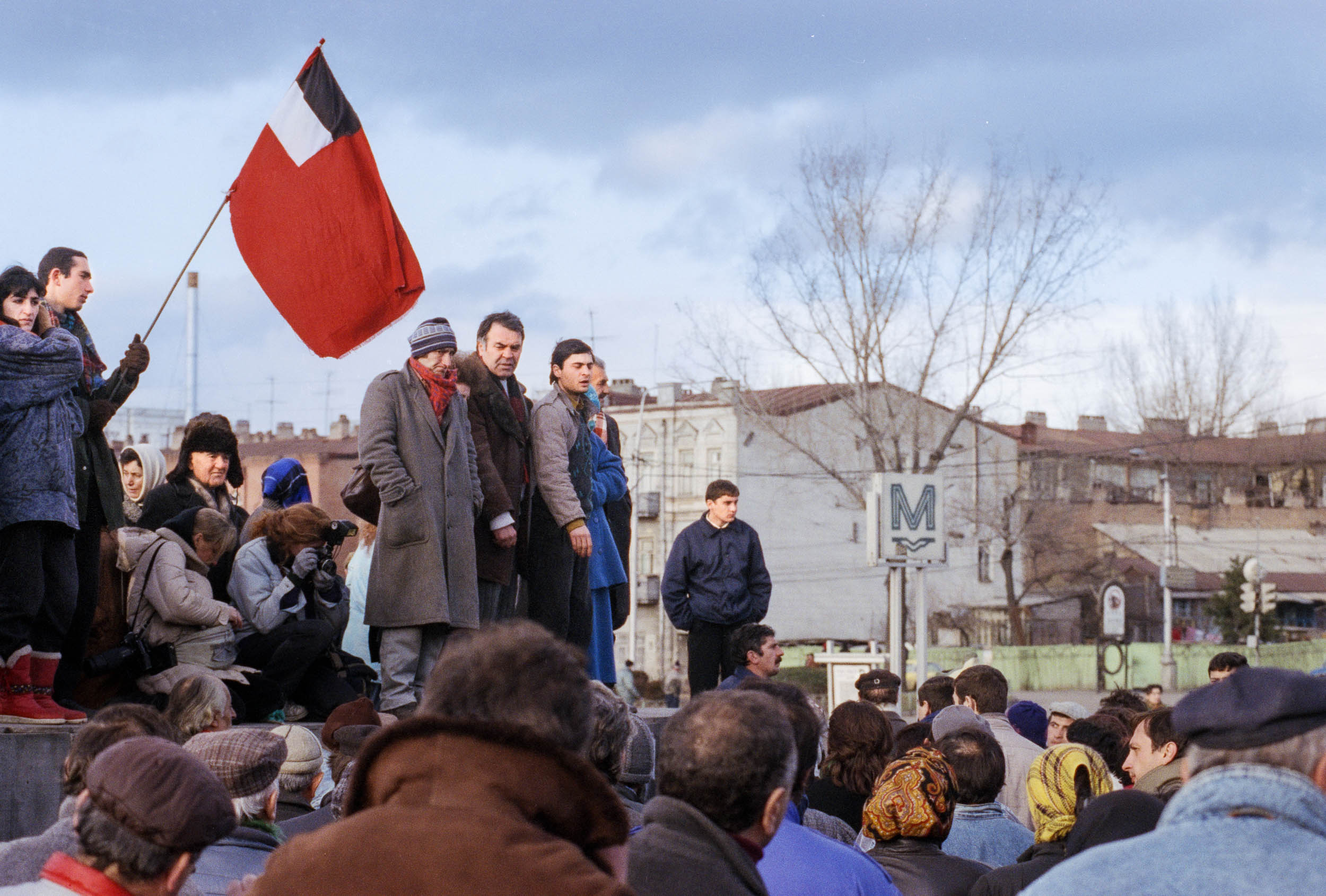 A crowd gathers as a pro-Gamsakhurdia  demonstration  starts. Tbilisi, Georgia