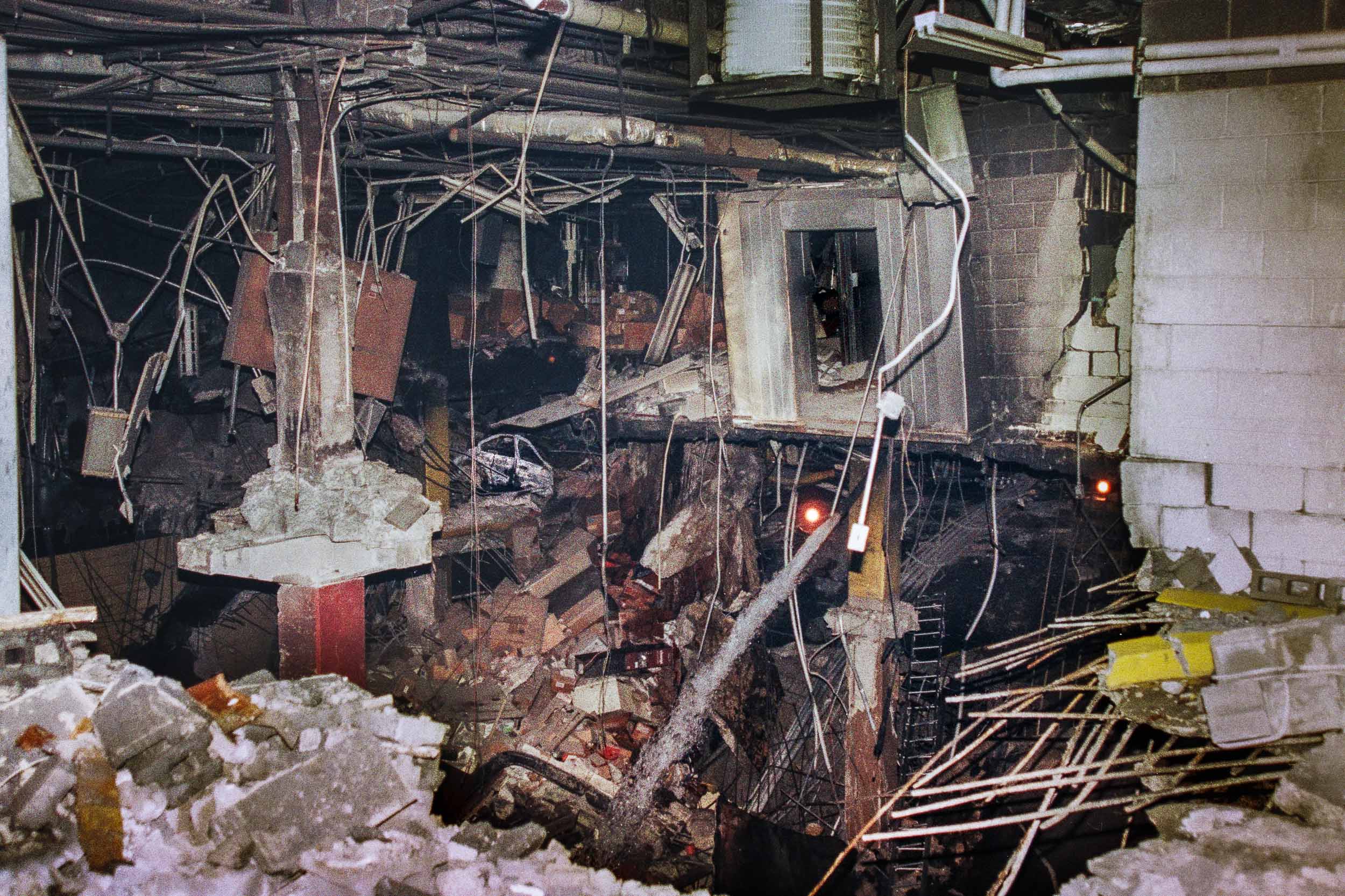 Bomb damage in the parking garage of the World Trade Center, NY, 1993