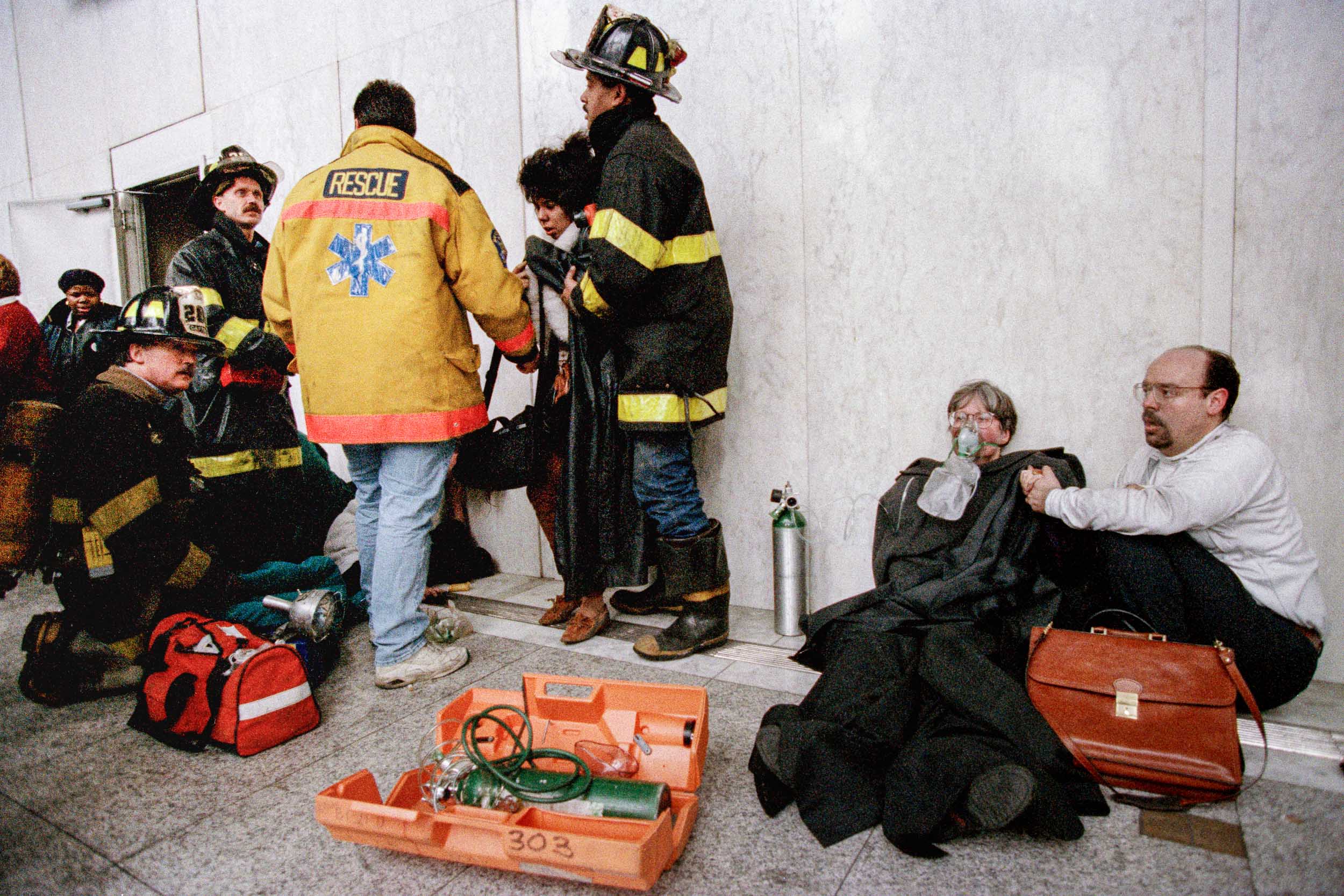Office workers receiving medical treatment in the lobby of the World Trade Center, NY, 1993