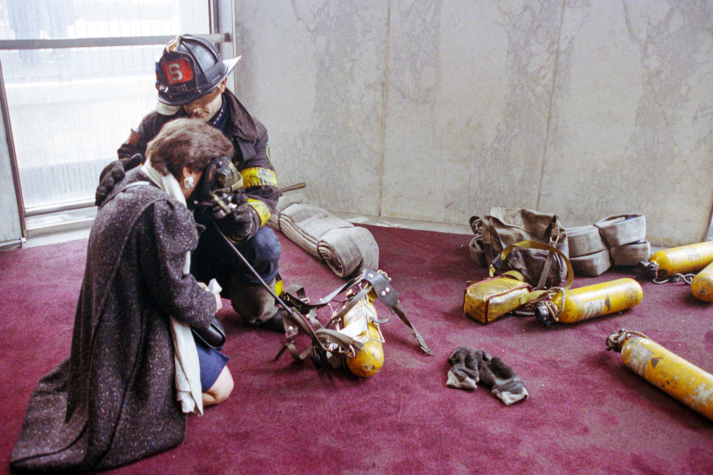 Office worker receiving  medical treatment in the lobby of the World Trade Center, NY, 1993
