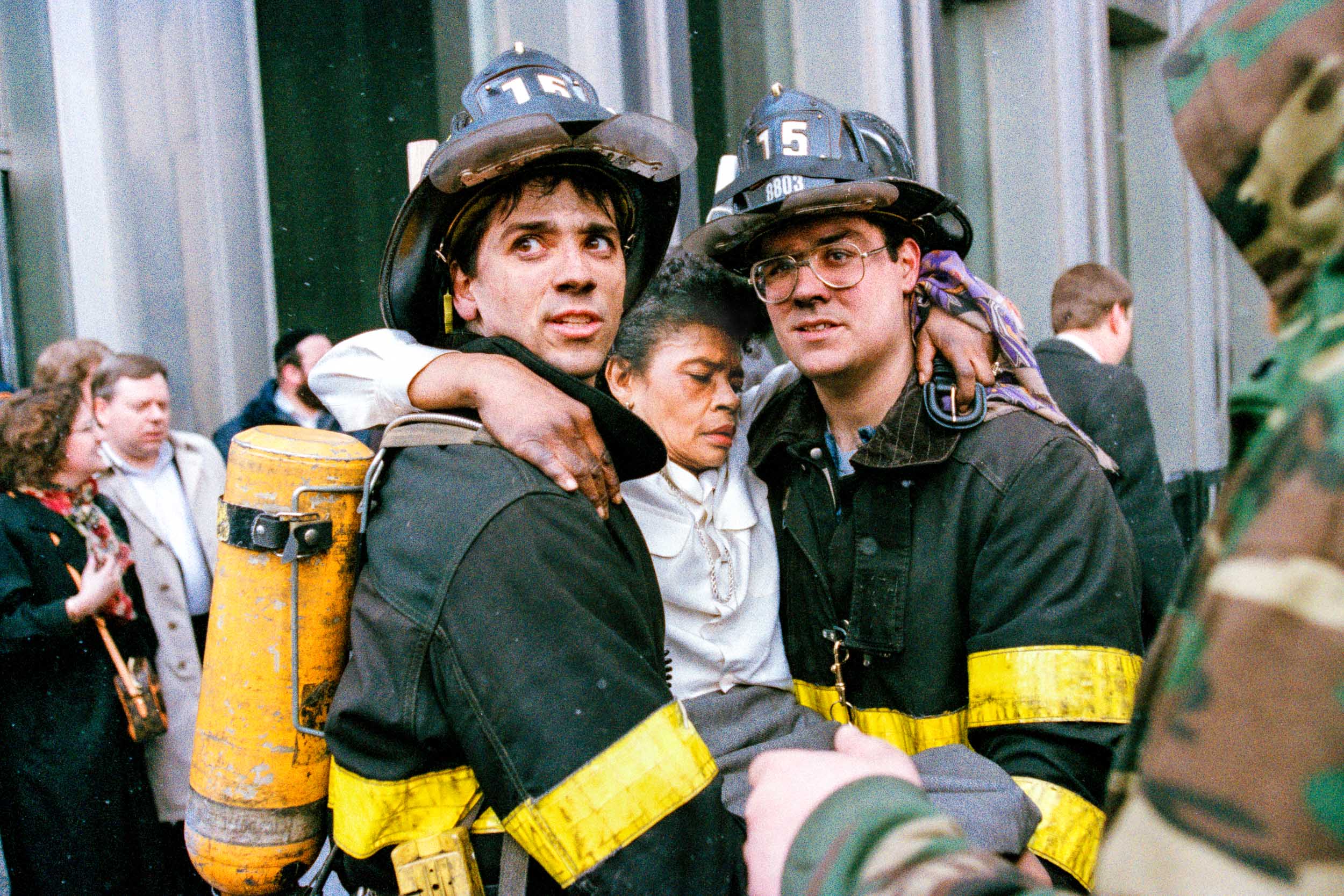  Firemen carry out an injured office worker from the lobby of the World Trade Center, NY, 1993